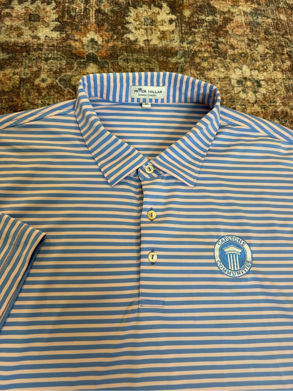 Peter Millar Summer Comfort Men's XL Blue/pink Striped Golf Polo Logo